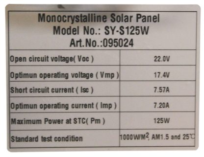 Monocrystalline Solar Panel 125W